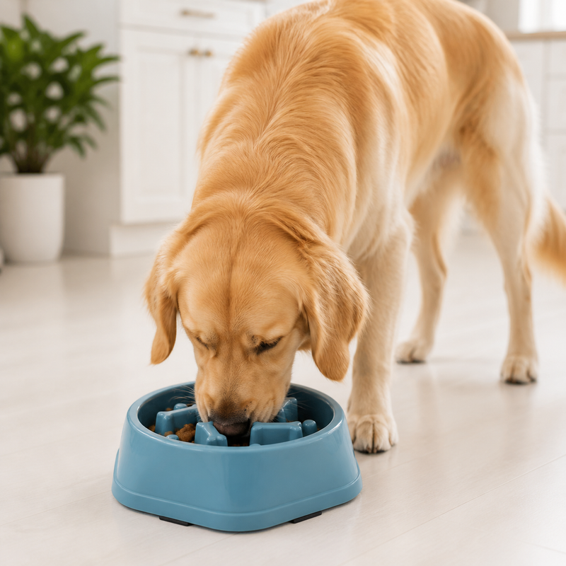 Happy dog using Paworaa slow feeder bowl